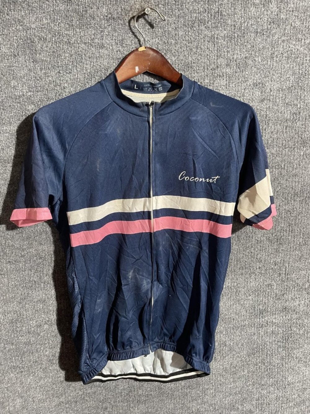 Coconut Cycling Jersey Mens Large Blue Stripe Full Zip Short Sleeve Pockets